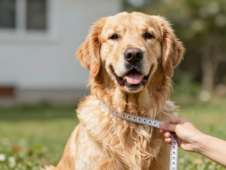 An illustrative, warm diagram-style photo of a calm golden retriever sitting patiently while a soft fabric measuring tape gently measures its chest, bright natural daylight