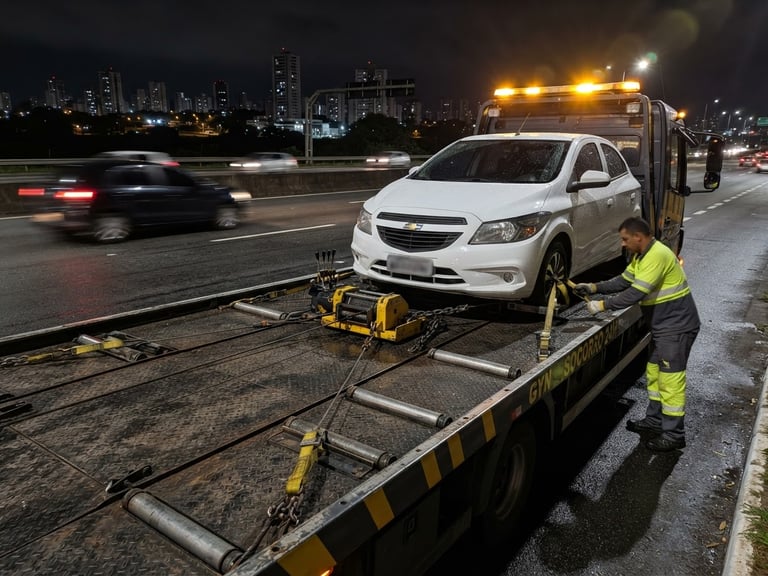 Professional flatbed towing truck in Goiânia highway at night, emergency yellow beacon lights flashing, sharp focus on the secure loading mechanism, realistic utility setting.