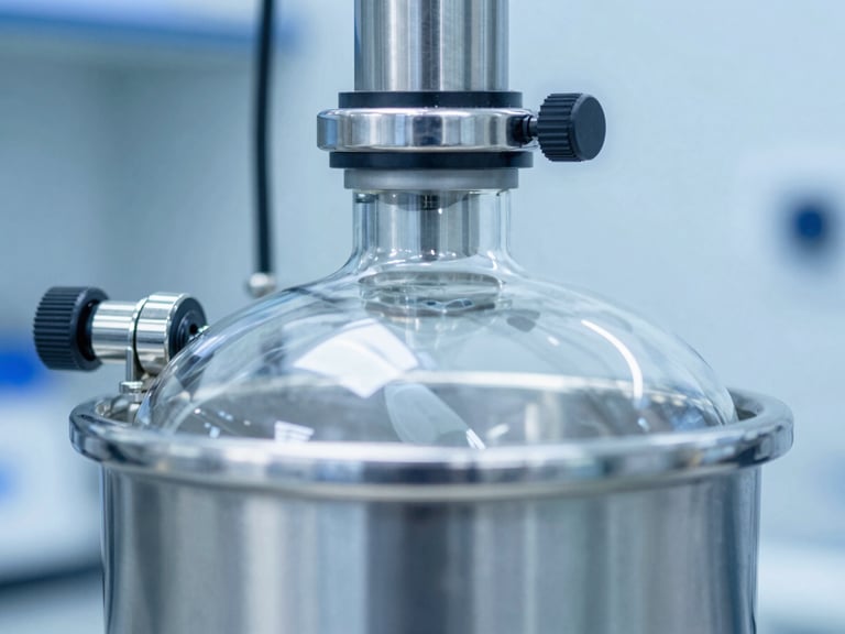 Macro shot of a stainless steel bioreactor in a clean-room laboratory environment, cool blue and silver tones, sterile high-key lighting, sharp focus, 8k resolution