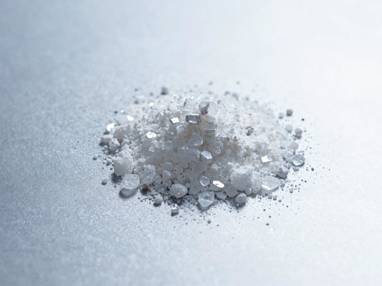 Clean flat-lay of raw crystalline Copper Tripeptide-1 powder on a sterile lab surface, cool blue and silver tones, sterile high-key lighting, sharp focus, macro lens, 8k resolution