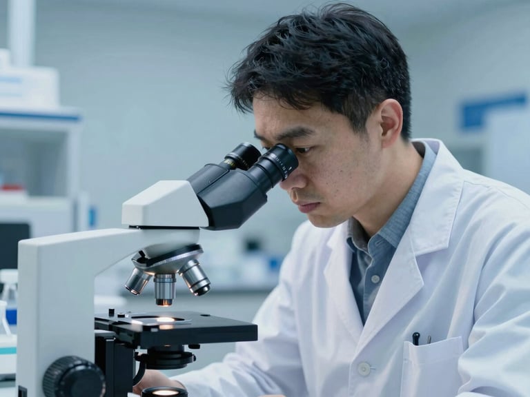 Portrait of a biochemist in a sterile lab coat, focused on a microscope, cool blue lighting, sharp focus, 8k resolution