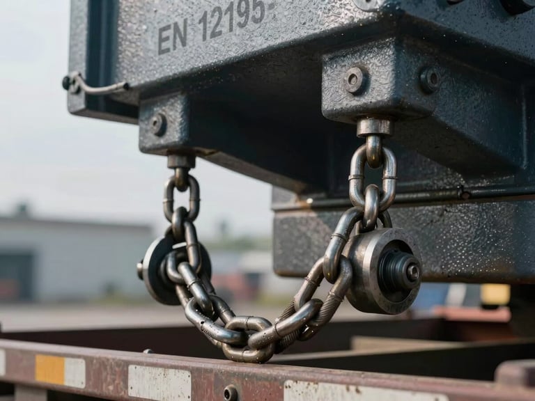 Close-up of heavy-duty steel tensioning chains securing a massive industrial component on a trailer, complying with EN 12195-1, cold steel textures