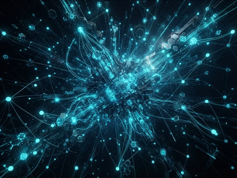 dark tech 3d render, glowing cyan data nodes, abstract network connections, deep obsidian background, cinematic lighting, octane render