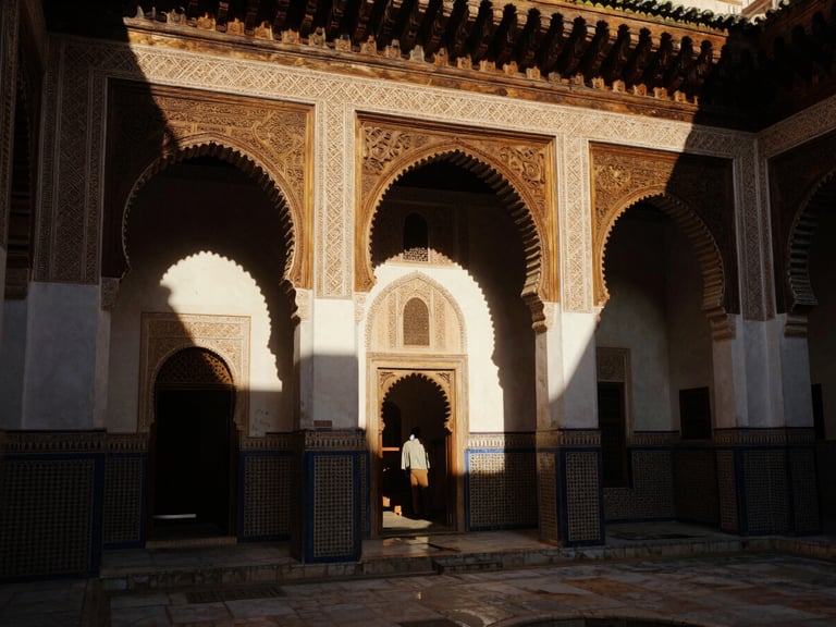 Warm editorial photography of a restored riad courtyard in Fes, natural light highlighting carved cedar wood and plaster details, rich deep shadows, cinematic composition.
