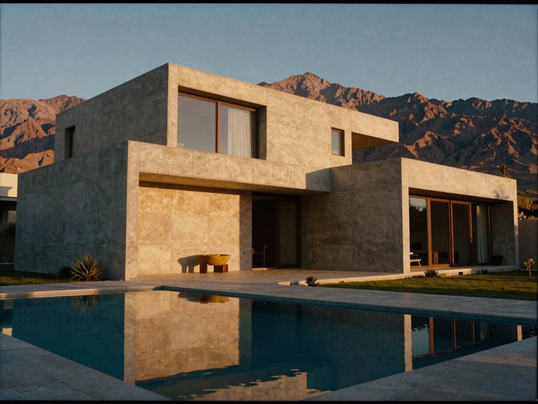 Cinematic wide shot of a modern concrete villa with clean lines, pool reflecting the Atlas Mountains at golden hour, warm medium format film.