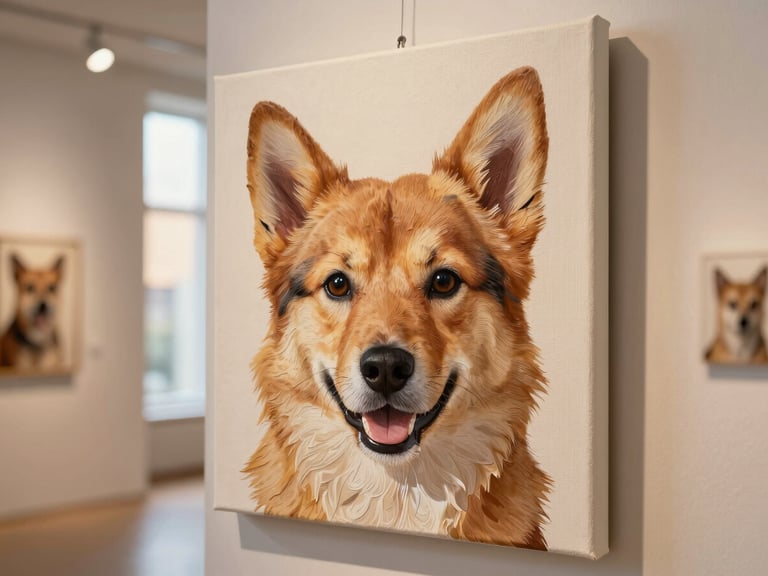 Close-up of a finished custom pet portrait canvas showing rich texture, hanging in a gallery setting with soft studio lighting, shallow depth of field.