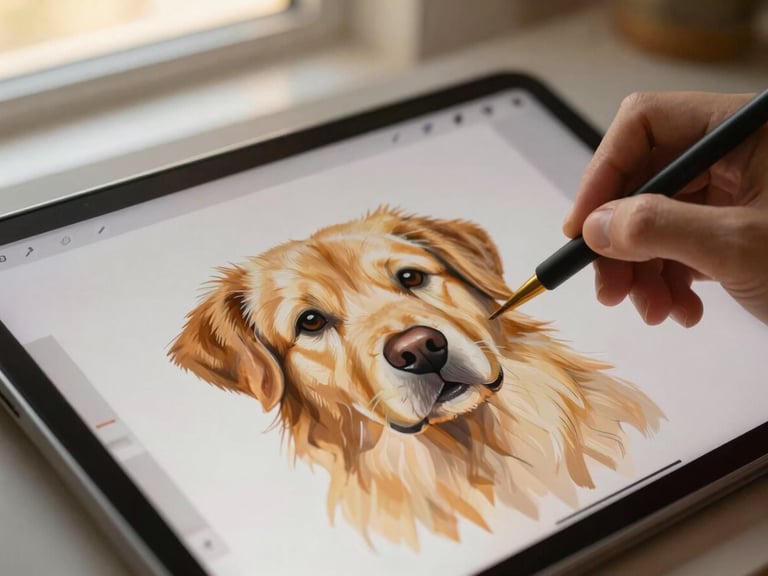 Macro shot of a digital painting process on a tablet, showing intricate brushstrokes on a pet portrait, with an artist's hand visible in soft, warm studio lighting.