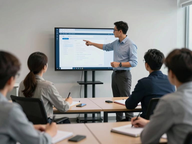 Close medium shot of a team lead standing at the head of a small training session, pointing at a monitor showing a CRM interface, trainees visible at adjacent desks taking notes, cool daylight studio lighting, realistic office setting conveying structured onboarding