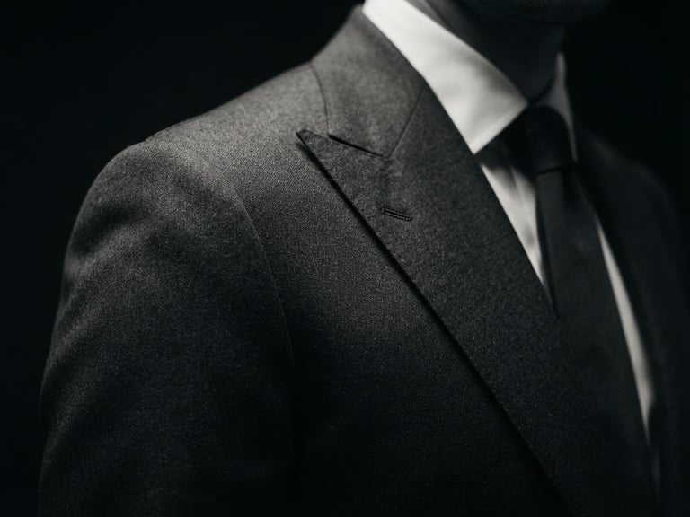 Low-angle cinematic shot of a structured charcoal suit shoulder and sharp lapel, dramatic studio lighting with deep shadows, high-end editorial fashion photography.