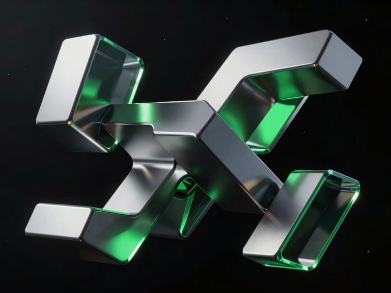 Sleek 3D render of abstract metallic and glass geometric structures floating in dark space, dramatic studio lighting, neon green reflections, sharp focus, 8k