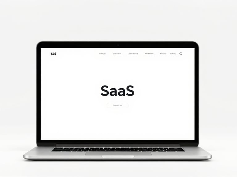 Clean laptop screen showing a minimalist SaaS landing page design, soft shadows