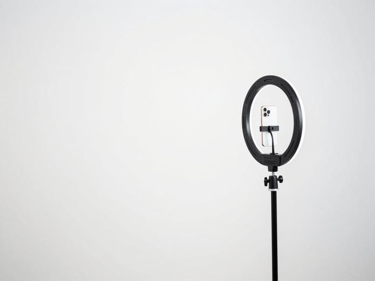 Minimalist UGC video recording setup, smartphone on a ring light, bright white studio background
