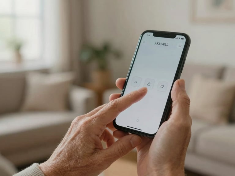 Close-up of an older adult's hand confidently tapping a large, clearly labeled button on a smartphone running AKSWELL, with a blurred, warm home background.