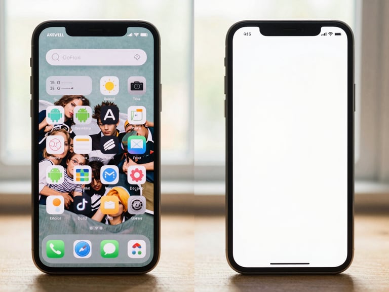 Side-by-side comparison of a cluttered standard Android home screen next to a clean, high-contrast AKSWELL home screen, both on modern smartphones, in soft, natural light.
