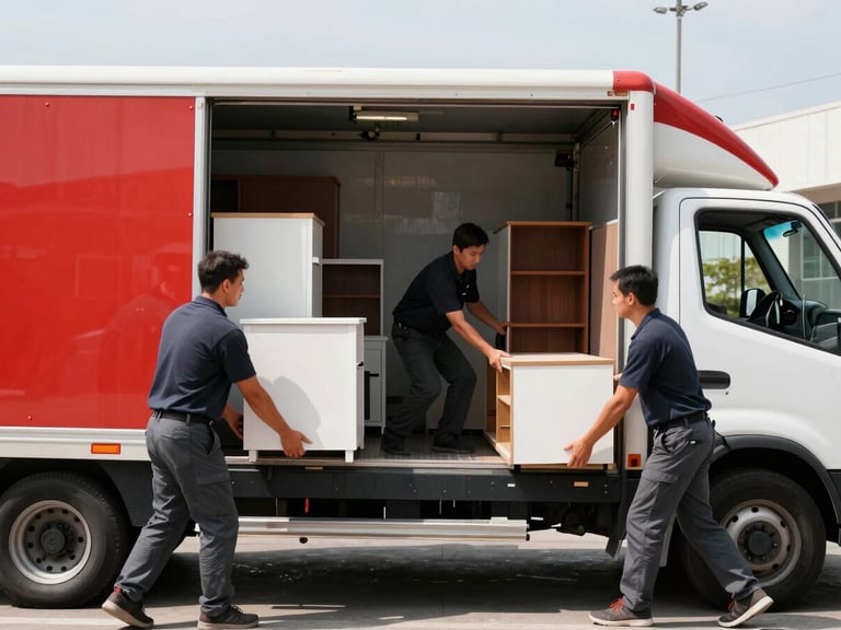 RapidMotion movers in uniform carefully loading office furniture into a branded moving truck, crisp action photography, bright natural daylight, high contrast.