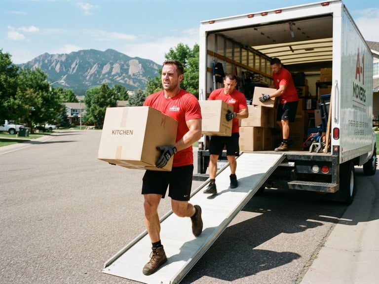 Action shot of professional movers in red shirts and black shorts loading a clean moving truck on a bright Colorado day, high contrast, 35mm lens