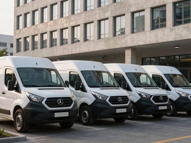 Clean modern commercial vehicles parked in a neat row under soft morning sunlight, architectural concrete office building in the background, professional atmosphere