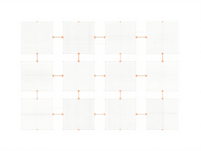 Flat-lay blueprint diagram of an AI pipeline, clean vector illustration, minimalist architectural grids, subtle orange connector nodes, high-key white background.