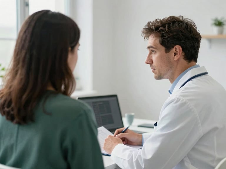 European doctor in a white coat, seen from behind, consulting a patient in a bright, clean general practice office, soft natural light, clinical editorial photography.