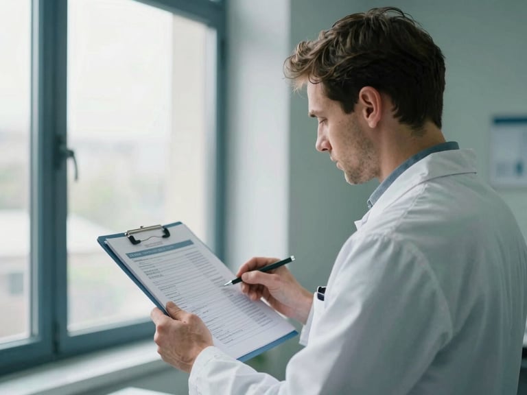 Over-the-shoulder shot of a European doctor in a white coat reviewing clinical charts by a bright window in a quiet clinic.