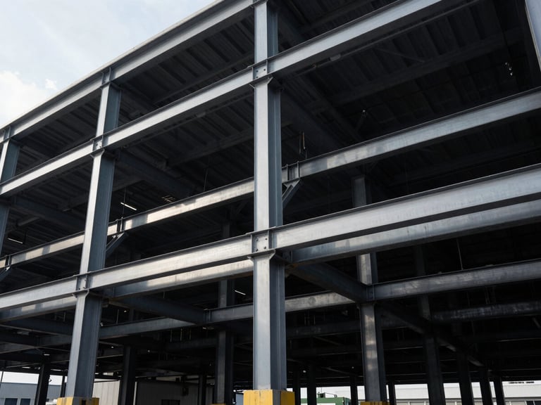 Close-up architectural shot, high-contrast structural lighting, heavy structural steel framing and deep-foundation engineering of a logistics hub.