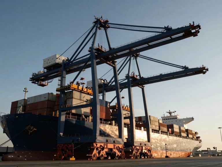 Low-angle environmental perspective, low-sun golden hour casting long structural shadows, deep-water cargo terminal with massive gantry cranes loading a container vessel.
