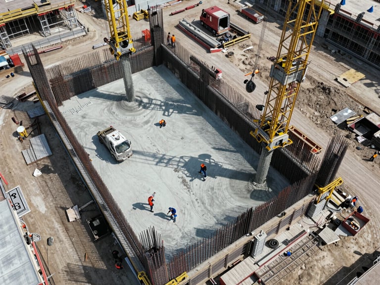 Bird's-eye aerial photograph of an active construction site in Istanbul, steel reinforcement and concrete pours visible, workers small in frame dwarfed by the structure scale, bright even daylight, no filters