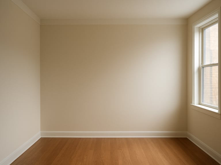 Same apartment wall after painting, smooth matte finish in warm off-white, natural window light, clean edges at ceiling and floor, no people, after-state documentation