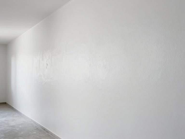After state of the same hallway wall, freshly coated in clean white, smooth surface, natural light from above, sharp edges at ceiling and floor