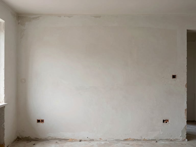 Wide shot of an unpainted apartment wall showing raw plaster patches, scuffs and old paint peeling at edges, natural window light, no people, before-state documentation