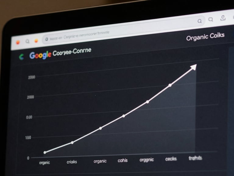 Close-up screenshot of a Google Search Console performance dashboard showing a steady, steep upward curve in organic clicks, dark mode interface