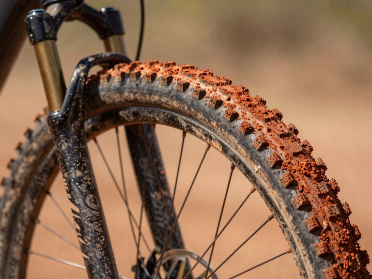 Extreme close-up of a dirty mountain bike tire caked in red clay mud, harsh natural sunlight, low angle 35mm sports photography.