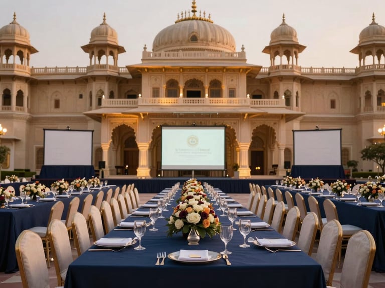 Formal corporate banquet setting with long tables, elegant centerpieces, and projection screens, within the grand architecture of Mhasweshwer Palace, warm editorial photography, rich navy and gold tones, majestic royal Indian architecture, 35mm
