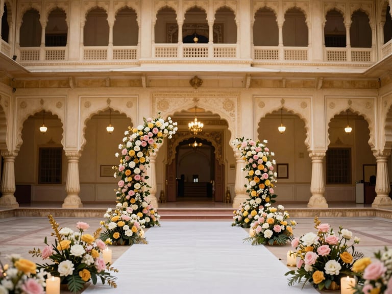 Decorated baby shower event with soft pastel flowers and golden accents, set within a grand hall at Mhasweshwer Palace, warm editorial photography, rich navy and gold tones, majestic royal Indian architecture, 35mm