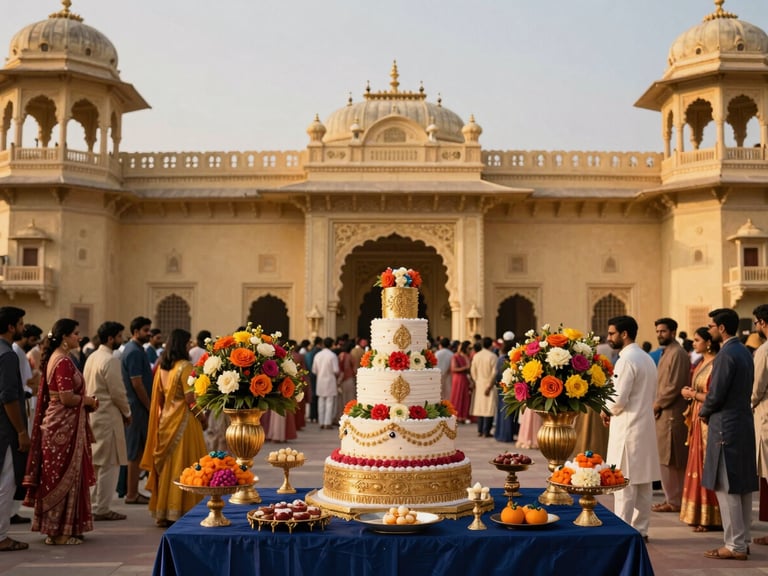 Lavish birthday party setup with a multi-tiered cake and vibrant floral arrangements, guests in traditional attire, inside Mhasweshwer Palace, warm editorial photography, rich navy and gold tones, majestic royal Indian architecture, 35mm