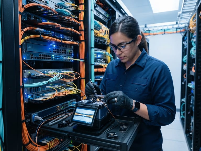 Technical close-up of a certified network engineer in branded blue uniform splicing fiber optic cables inside a high-density server rack, cool blue status lights, sharp orange accents, clean daylight, 35mm.