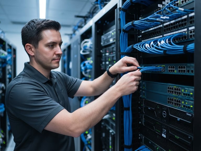 Professional IT technician carefully routing blue Cat6 ethernet cables in a clean corporate server rack, bright cool-toned lighting, sharp focus on hands