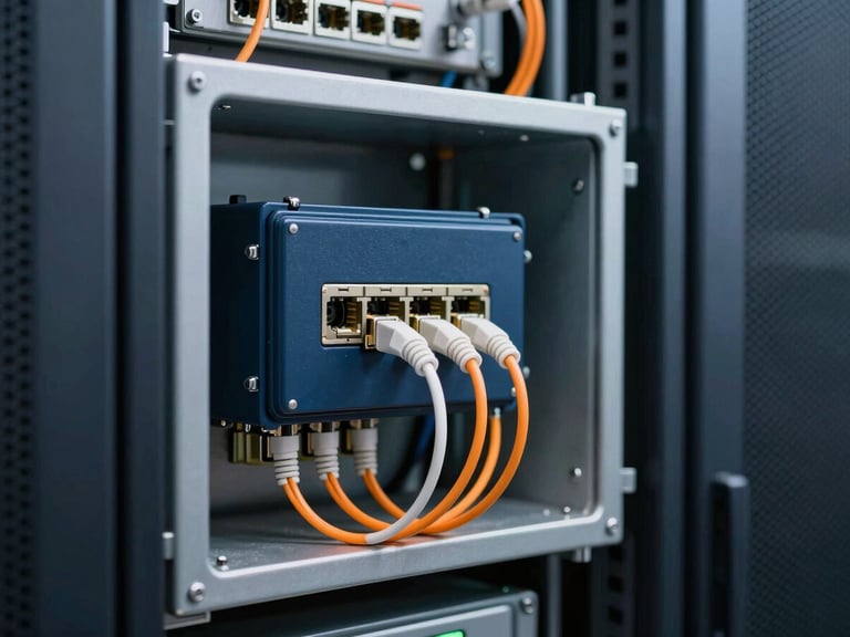 Technical close-up of heavy-duty industrial network installation, fiber optic termination box inside a protective metal enclosure on a factory wall, pristine cabling.