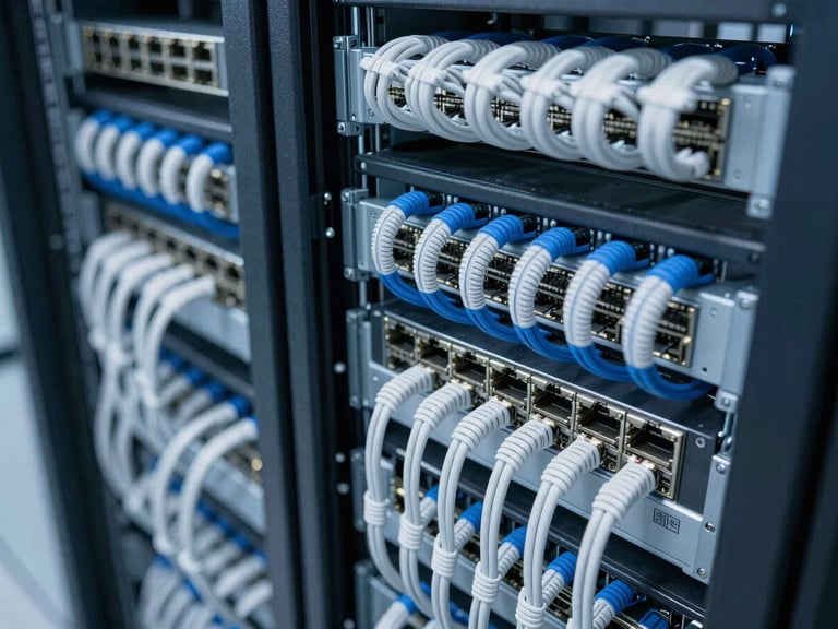 Clean overhead shot of high-end enterprise network switches and structured cabling neatly organized in a corporate data center, cool-toned lighting, sharp focus