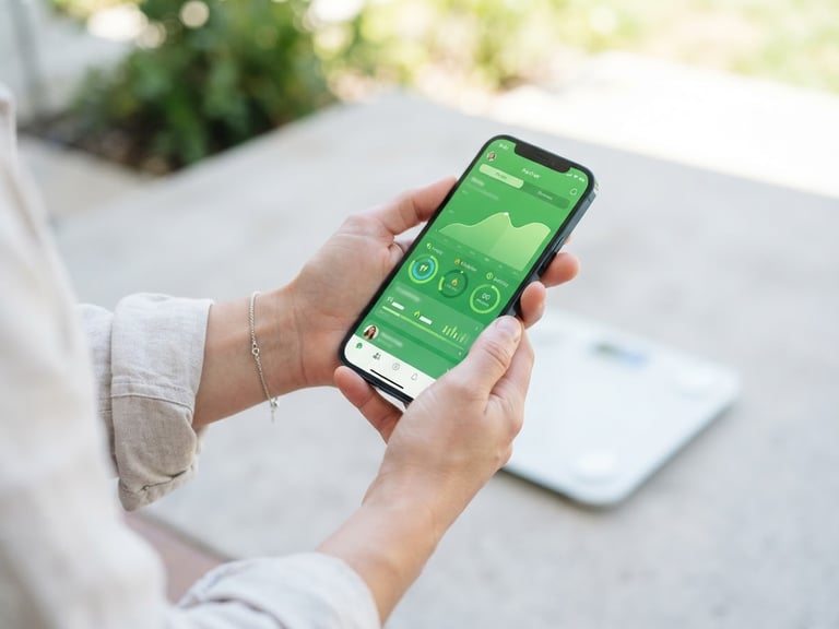 A close-up of hands holding a modern smartphone displaying a green partner application interface, a clean digital weighing scale in the soft-focus background, bright high-key outdoor daylight, realistic context.