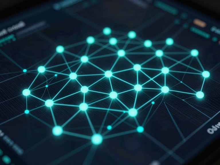 Macro close-up of a dark-mode cyber threat map interface, glowing neon cyan network nodes, electric teal active data streams, high contrast, low-key lighting.