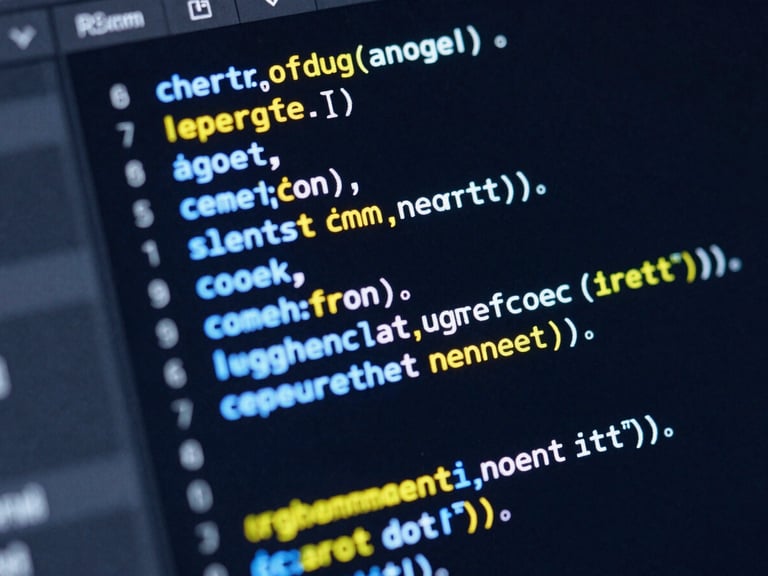 Macro shot of a high-fidelity dark-mode user interface, glowing blue and yellow code syntax highlighting on a screen, sharp studio lighting, 35mm