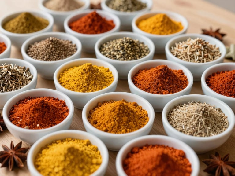 Artfully arranged small bowls of colorful, ground African and Caribbean spices, with whole spices scattered around, warm natural daylight, rich saturated colors