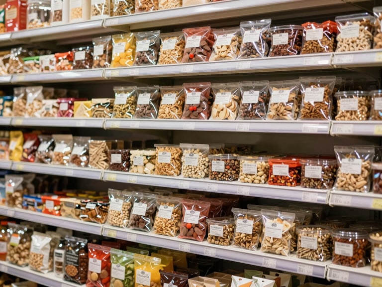 Clean, well-lit shot of grocery shelves, neatly organized with various packaged dry goods and heritage brands, warm natural daylight, wide shot