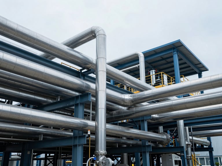 Intricate network of pipes and electrical conduits in a modern industrial facility, metallic accents, cool lighting, wide-angle.
