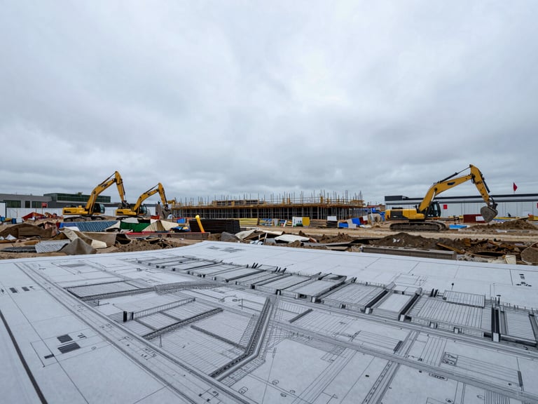 Wide-angle view of a civil engineering site plan overlayed on a large construction area, heavy machinery in background, cool overcast daylight, steel gray tones.