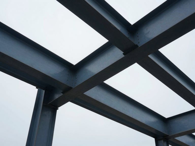 Close-up of massive structural steel beams interlocking against a cool sky, high-contrast, sharp focus, industrial setting.