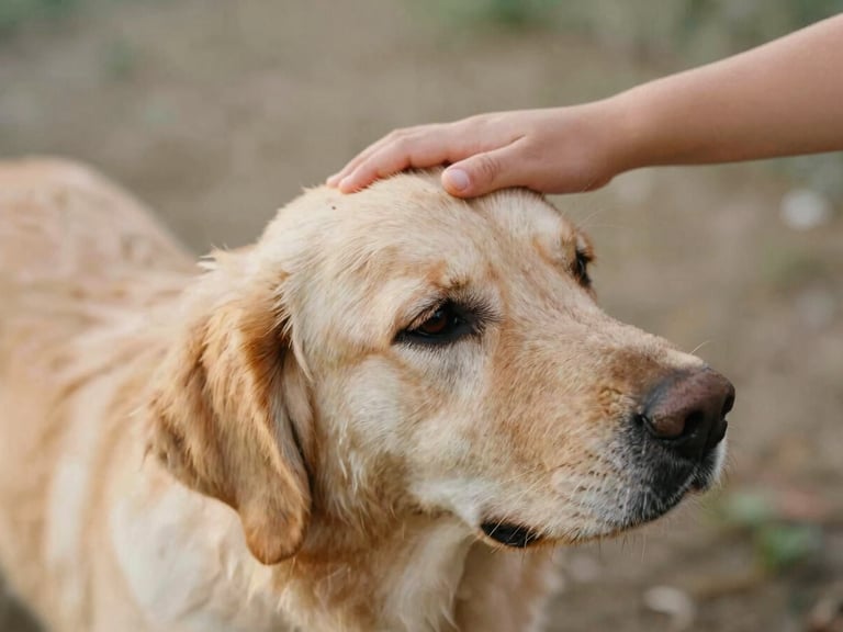 Candid close-up of a child's hand gently stroking the soft golden fur of a calm retriever dog, soft natural golden hour light, shallow depth of field, warm earth tones, 35mm film look