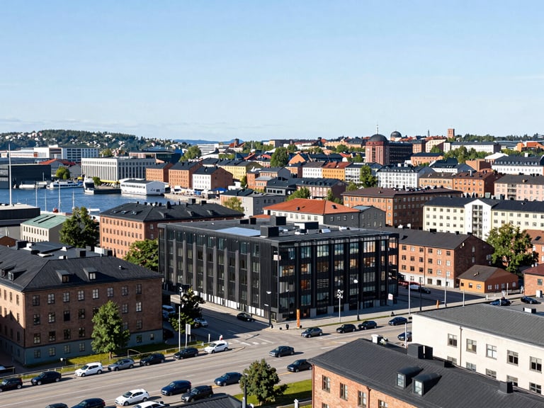 Cityscape of Gothenburg, Sweden, with the harbor and Lilla Bommen building, under bright daylight, wide shot.