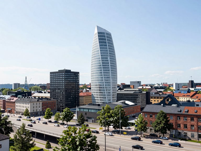 Cityscape of Malmö, Sweden, with the Turning Torso building prominent, under bright daylight, wide shot.